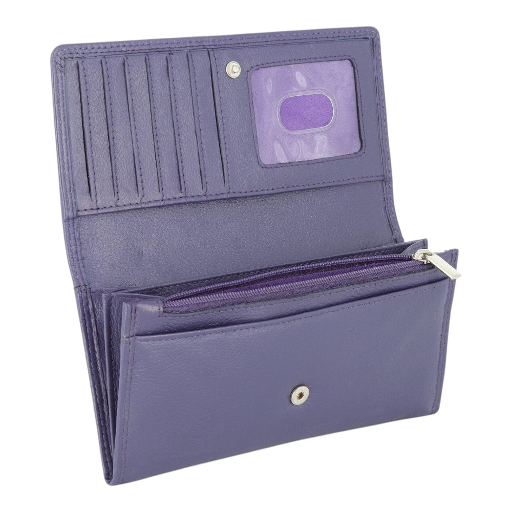 Purple purse with a clear card holder on a white background