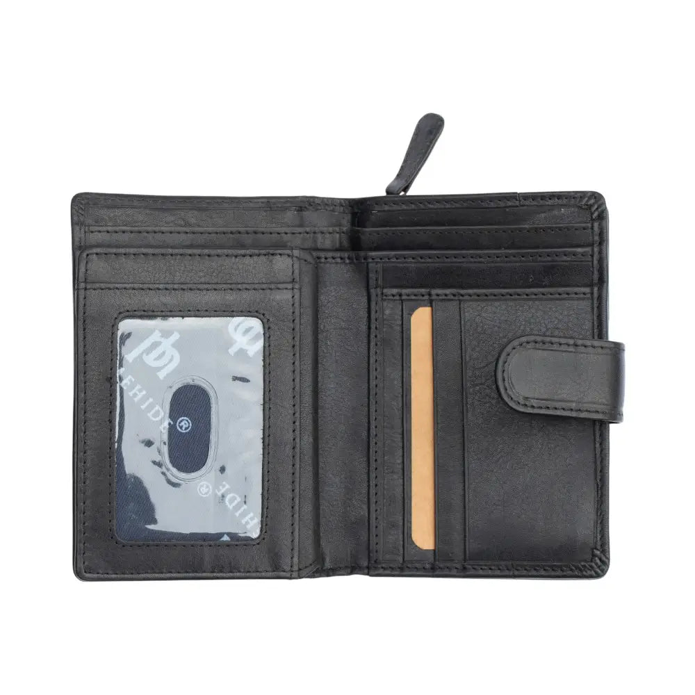 Black leather wallet with card slots on a white background