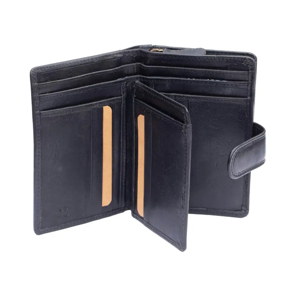 Black leather wallet open on a white background