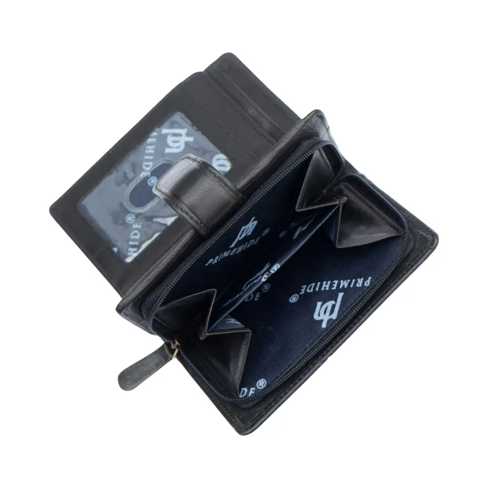 Black leather wallet with 'Primehide' branding on a white background