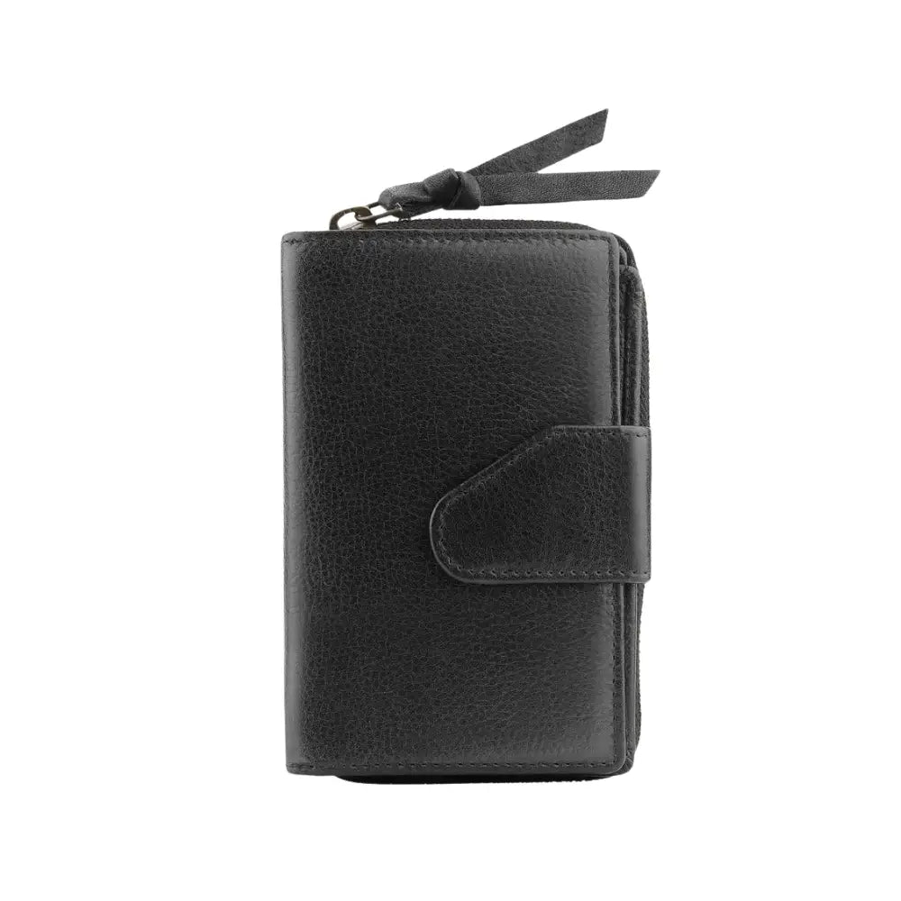 Front view of Black leather wallet with a zipper on a white background