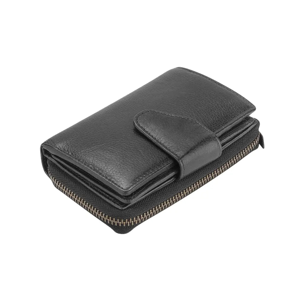 Front view of Black leather wallet with a zipper on a white background