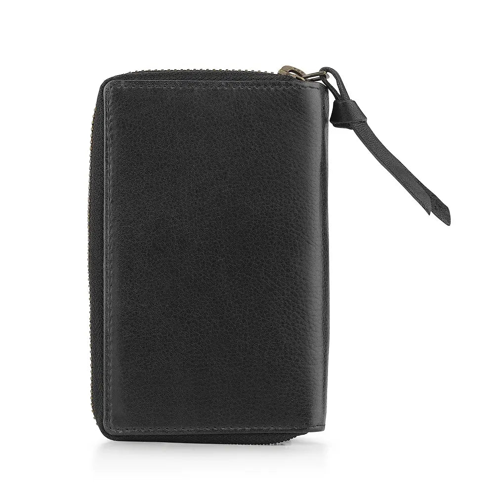 Back view of Black leather wallet with a zipper on a white background