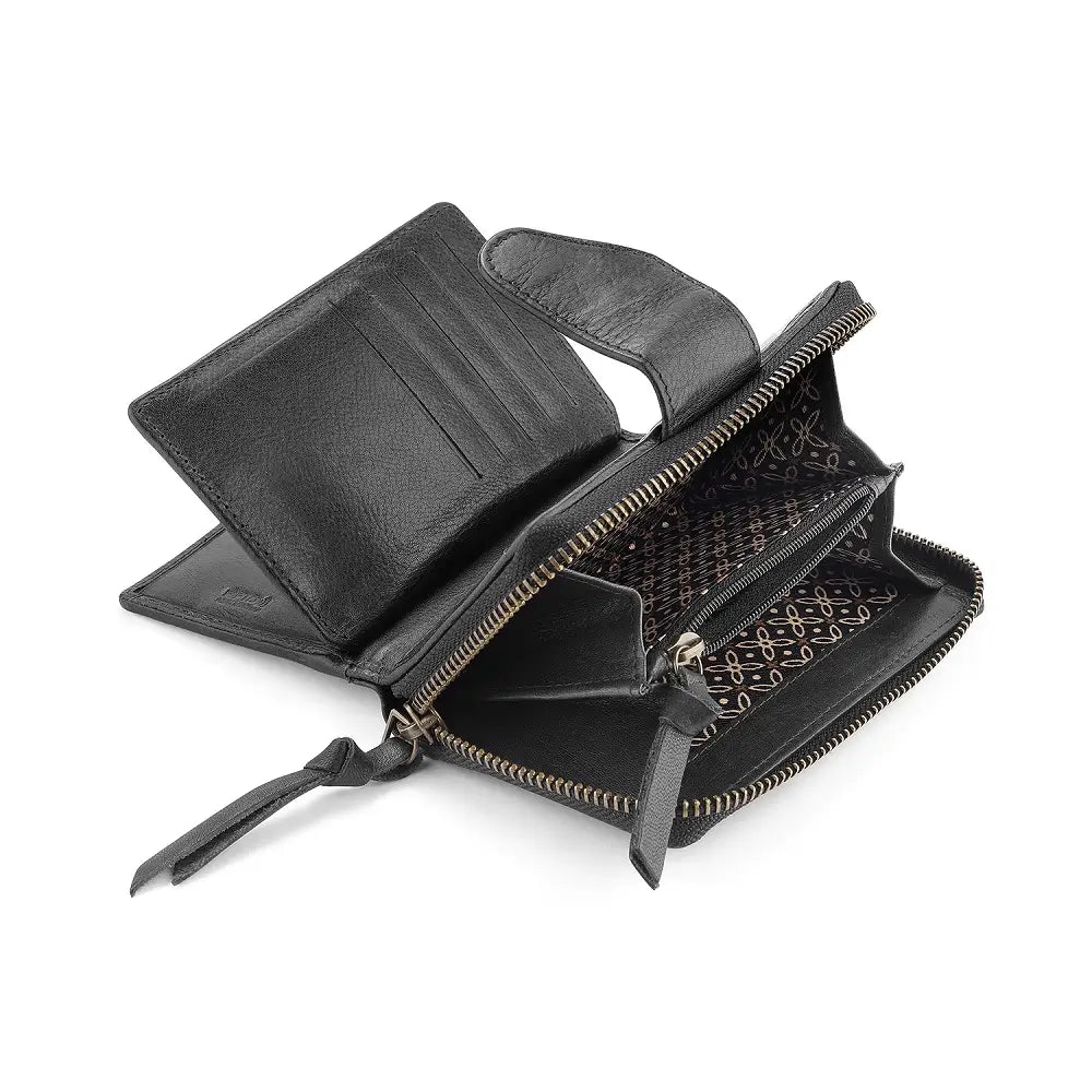 Open view of Black leather wallet with zipper on a white background