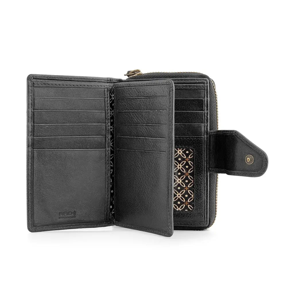 Open view of Black wallet with intricate pattern on a white background
