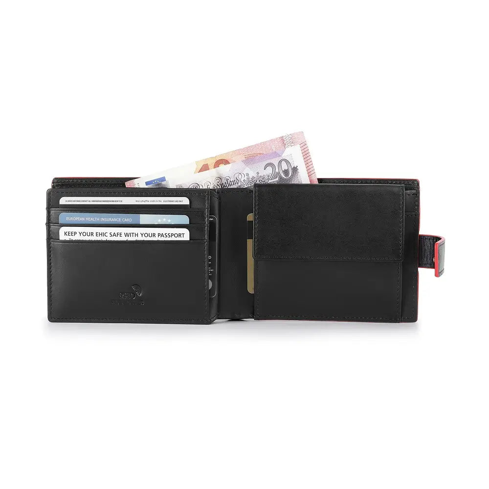 Organised view of Black leather wallet with money and cards on a white background