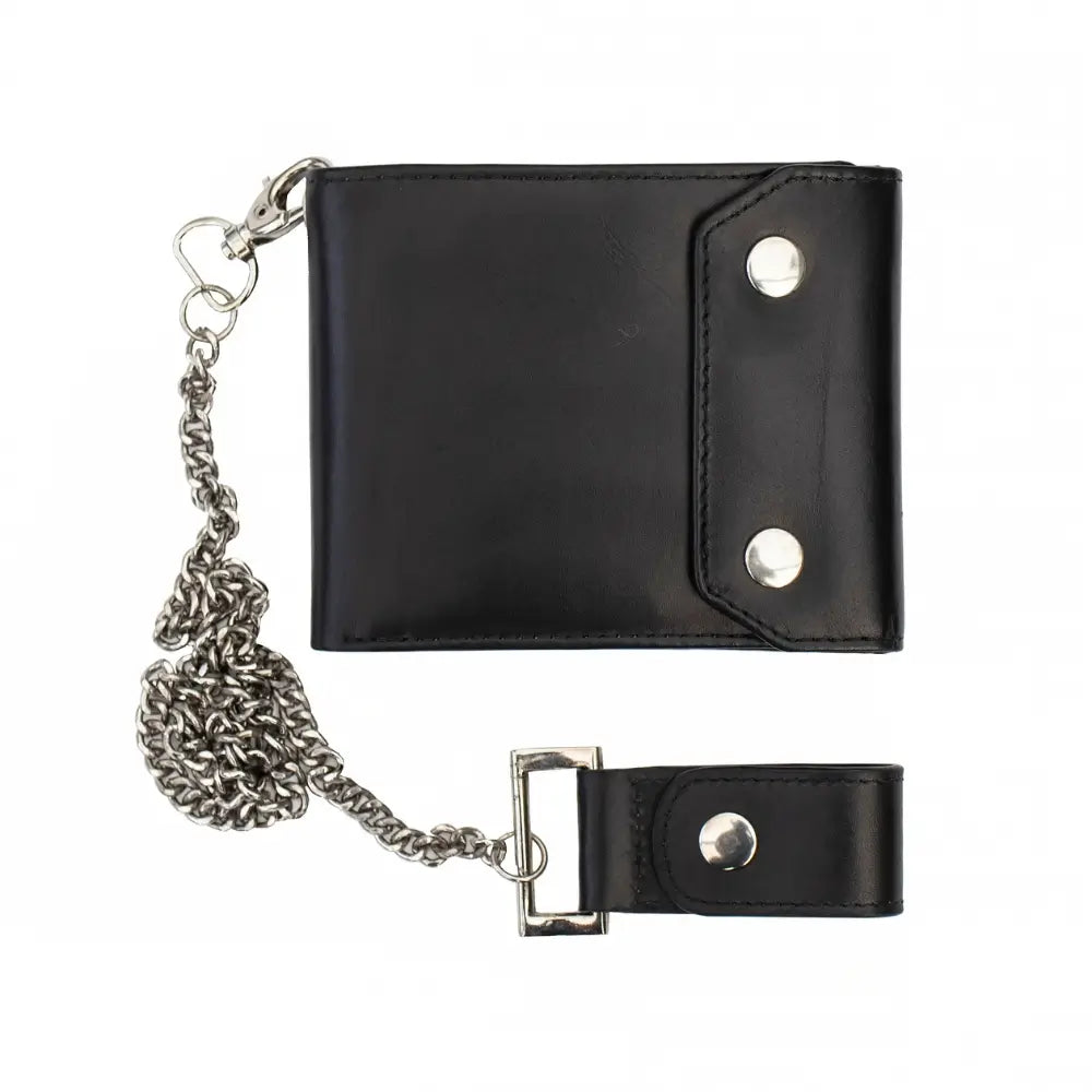 Black leather wallet with chain on a white background