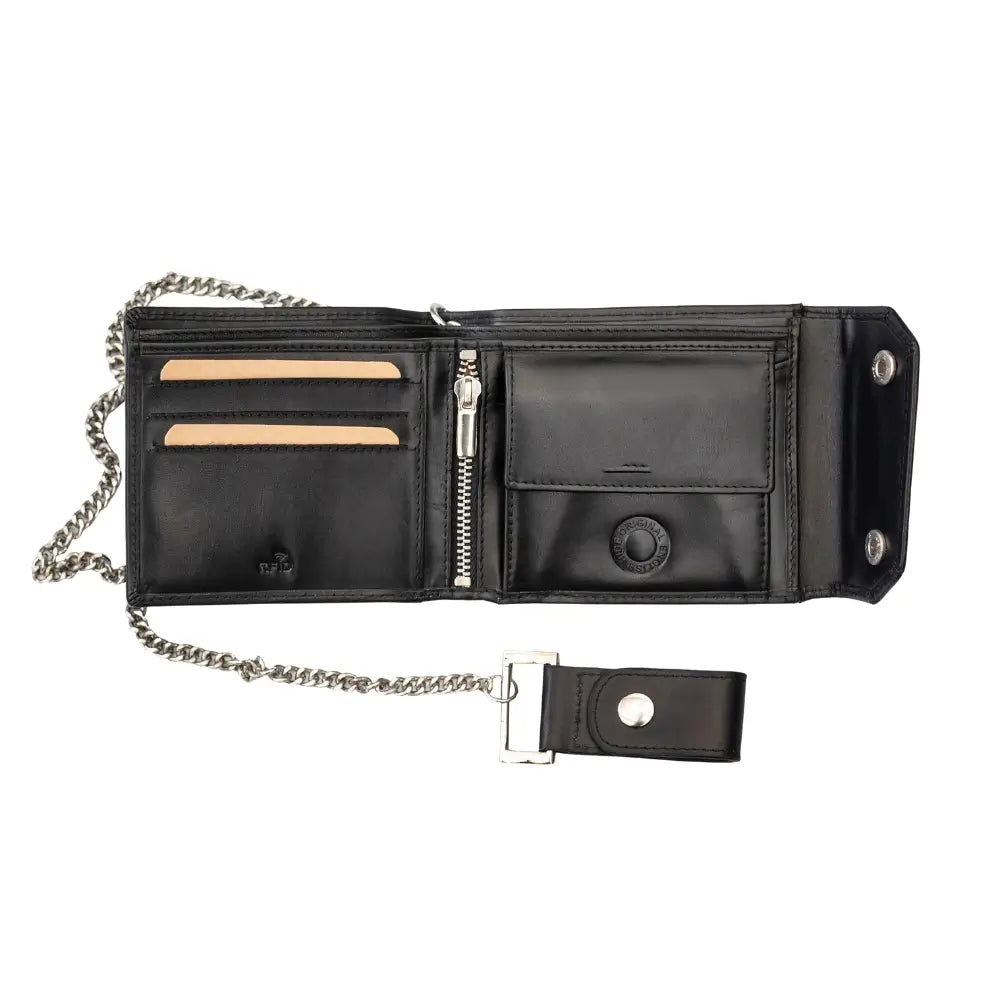 Black leather wallet with chain strap on a white background