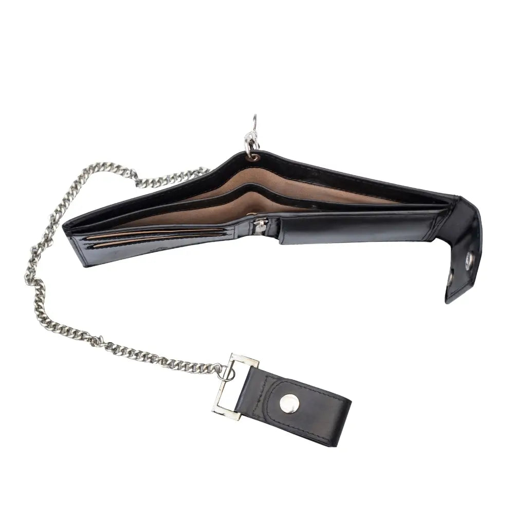 Black leather wallet with chain on a white background