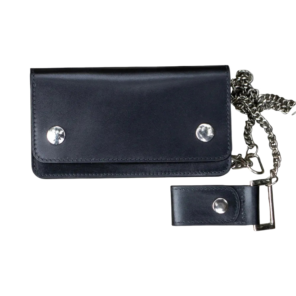 Black leather wallet with chain on a white background