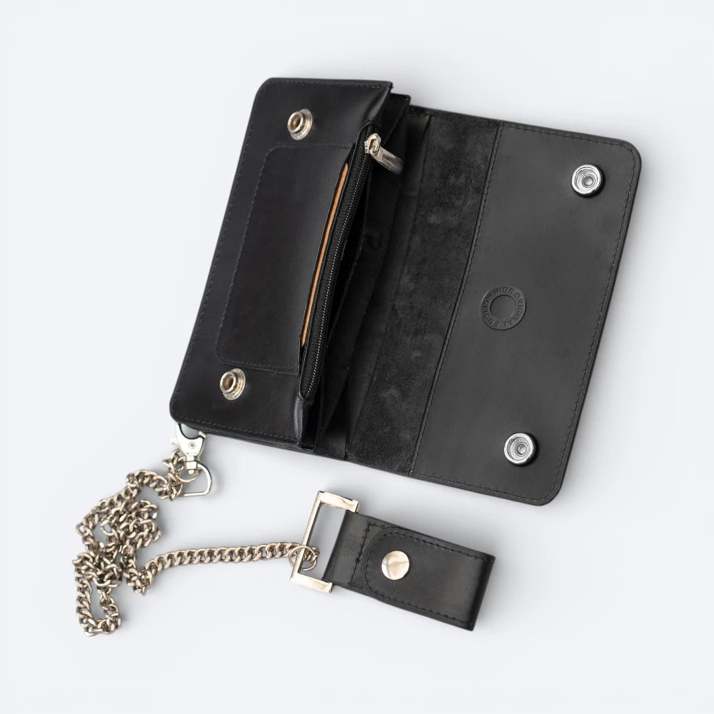 Black leather wallet with chain on a white background