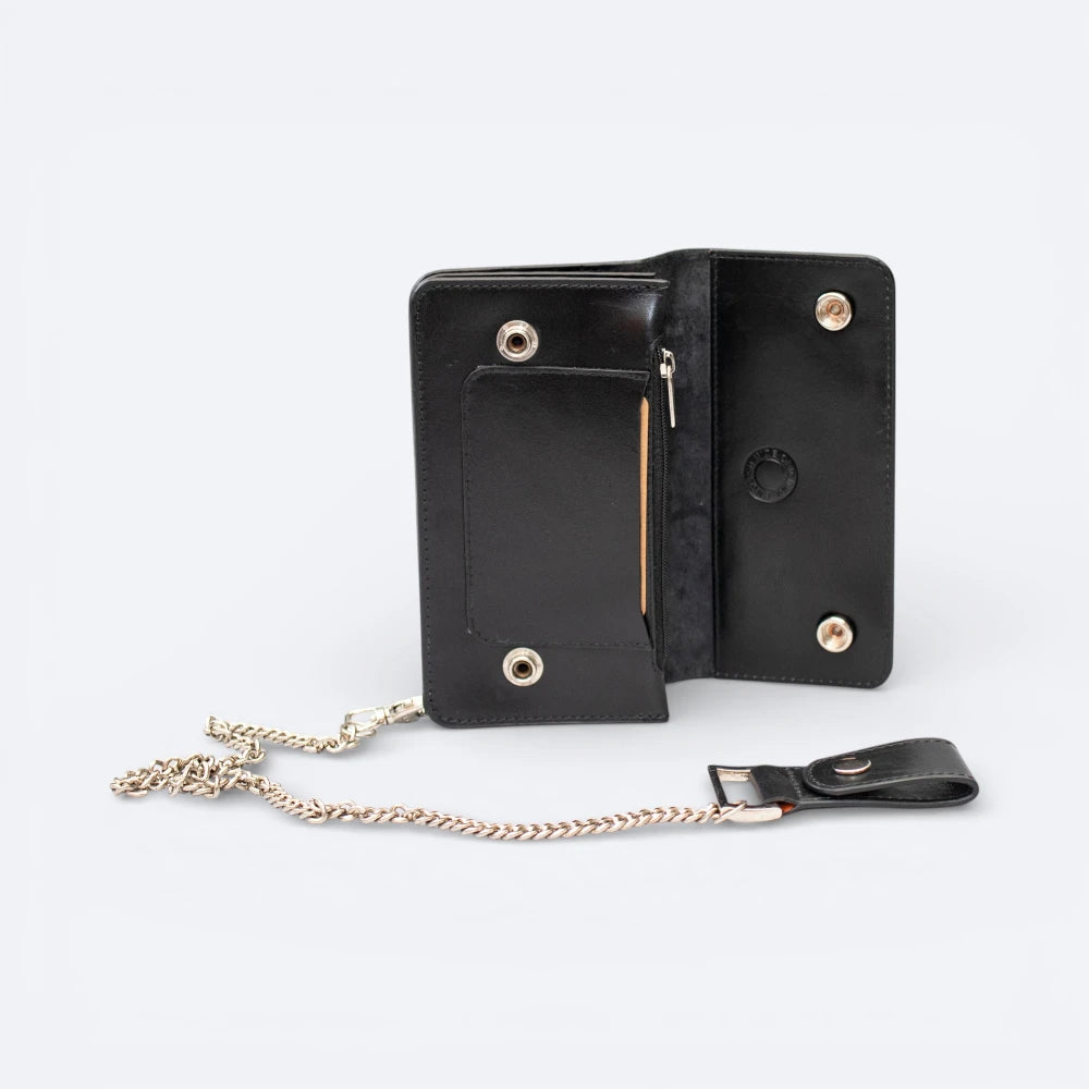 Black leather wallet with chain on a white background
