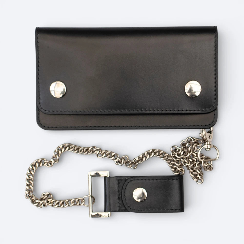 Black leather wallet with chain strap on a white background
