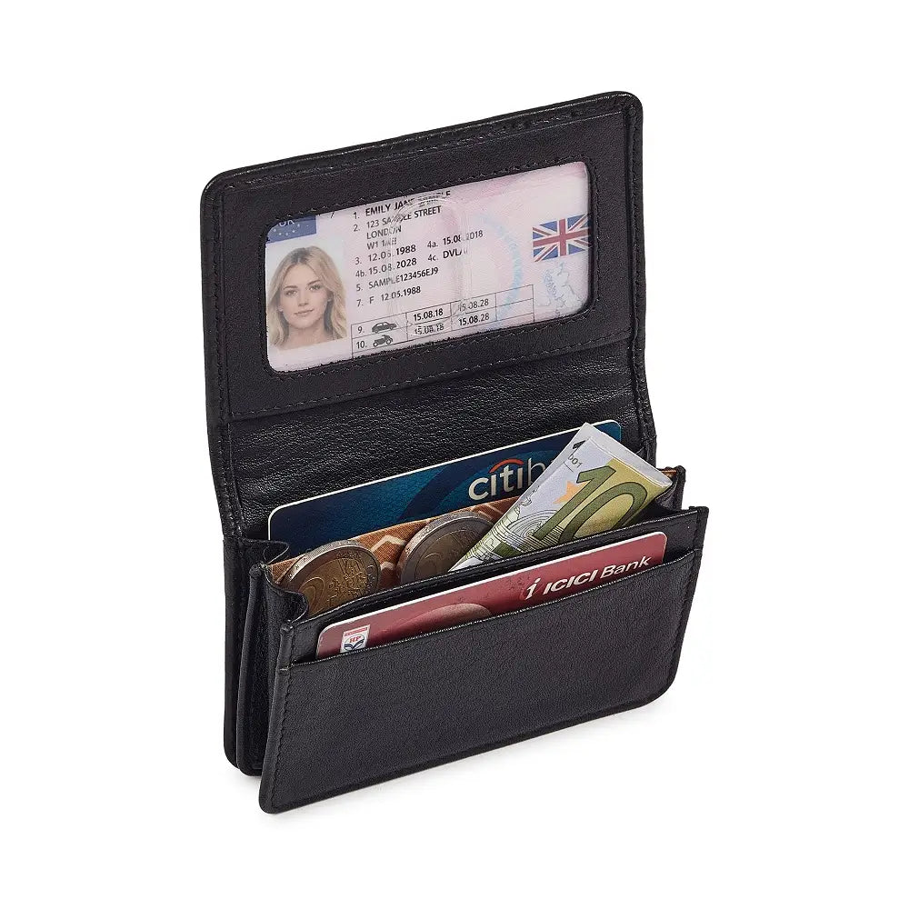 Miami black leather card holder crafted from real leather with RFID 
protection and fold-over design. 