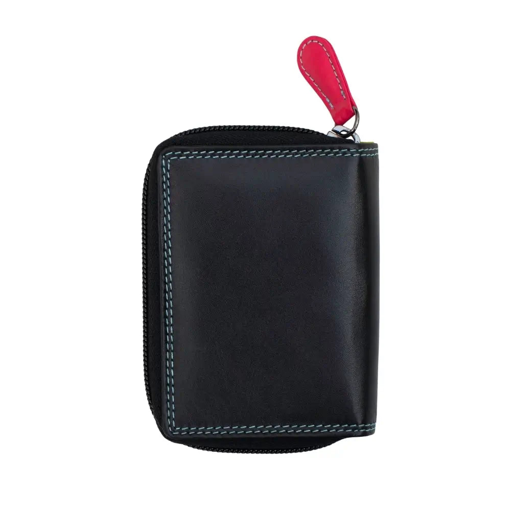 Black leather purse with a red zipper pull on a white background