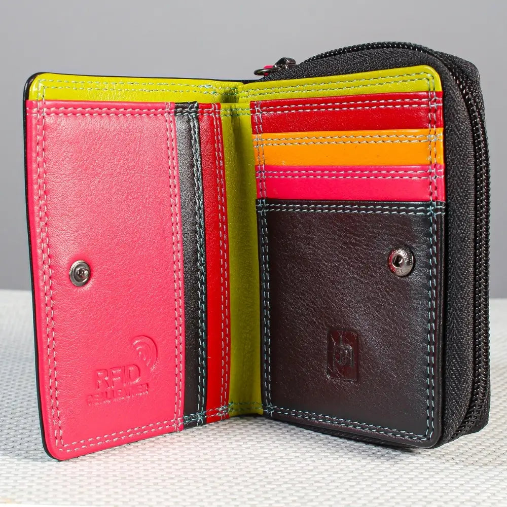 open black wallets with colorful interior sections on a gray background