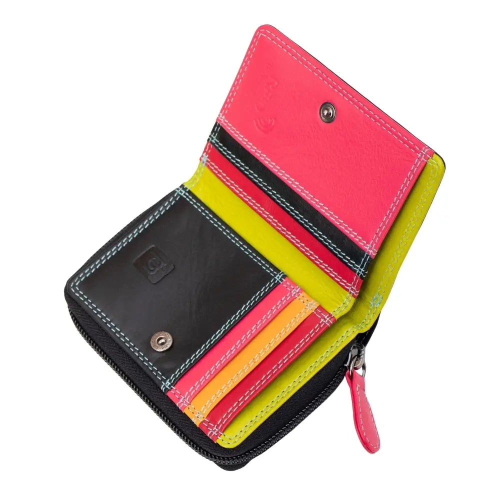 Black wallet with pink, yellow, and black sections on a white background