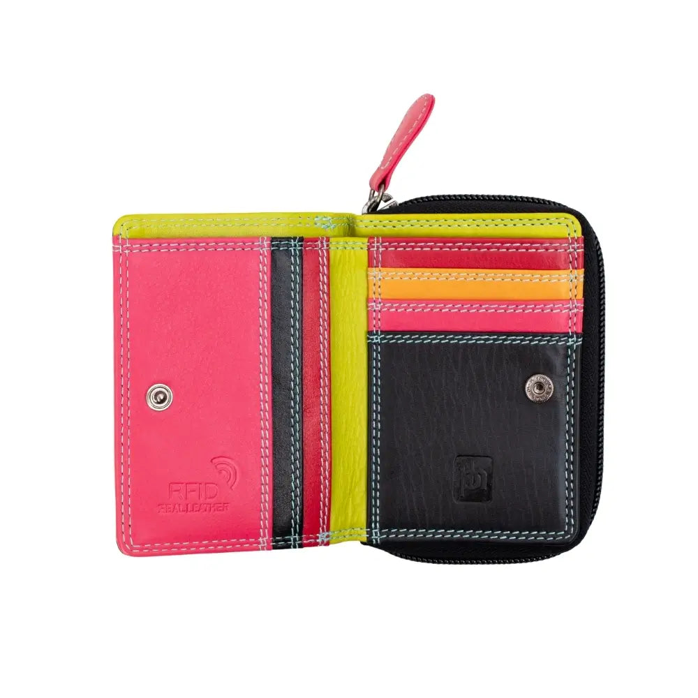 Black wallet with visible brand logos on a white background