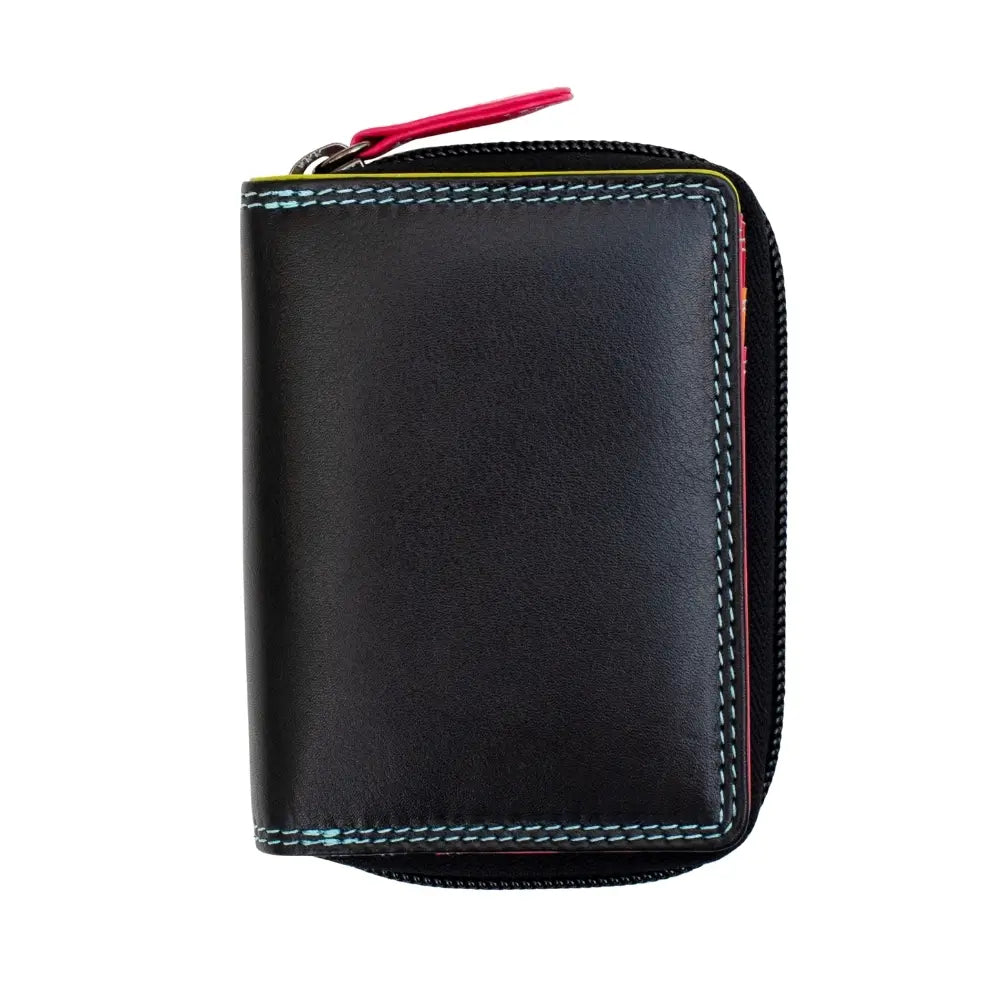 Black leather purse with a red zipper pull on a white background