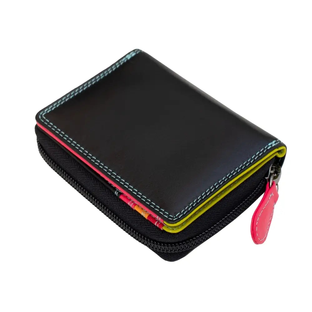 Black zippered purse with colorful interior on a white background
