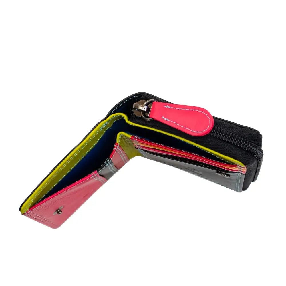 Black wallet with a pink flap on a white background