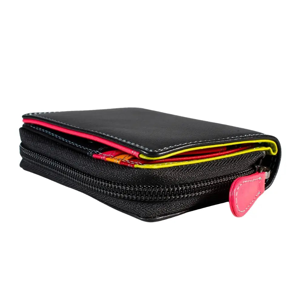 Black zippered purse  with colorful contents on a white background