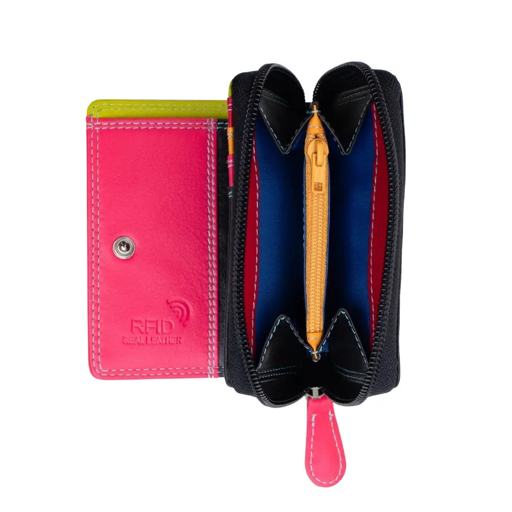 Black wallet with a pink flap, black interior, and yellow zipper on a white background.
