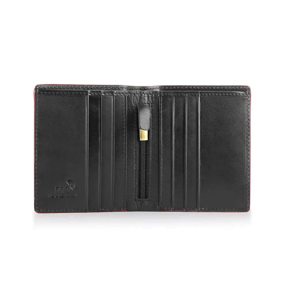 Front view of Black leather wallet on a white background