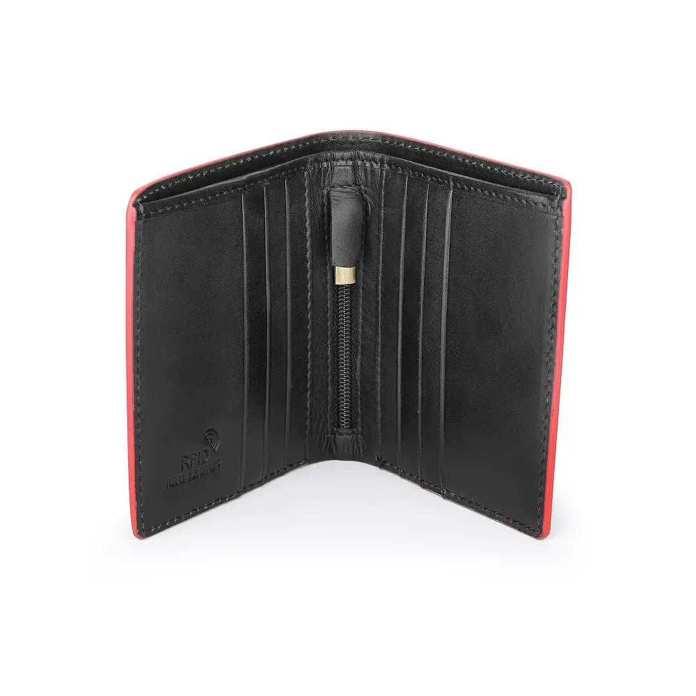 Inside view of Black leather wallet with red trim on a white background