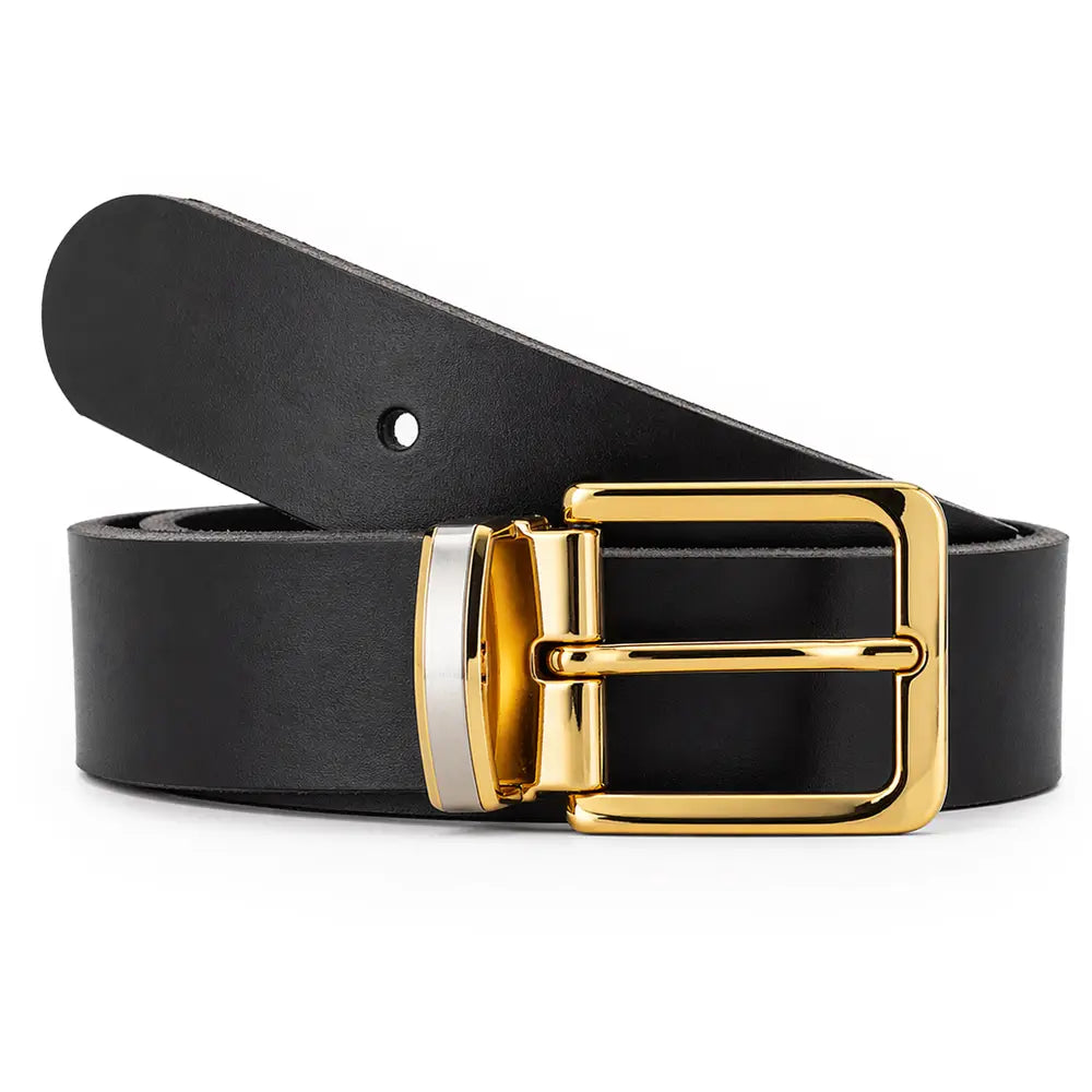 Front view of Black belt with a gold and silver buckle on a white background