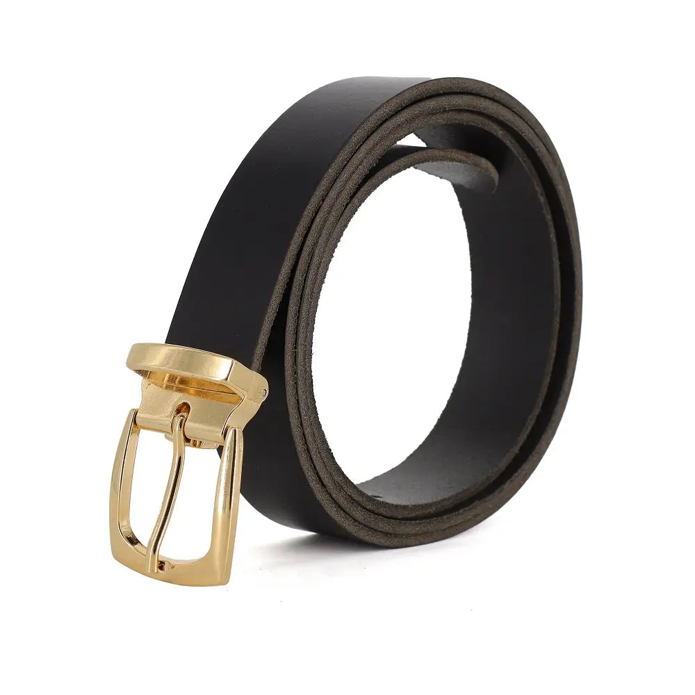 Black leather belt with a gold buckle on a white background
