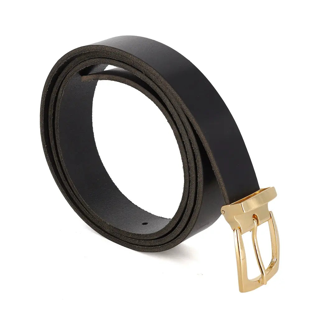 Front view of Black leather belt with a gold buckle on a white background