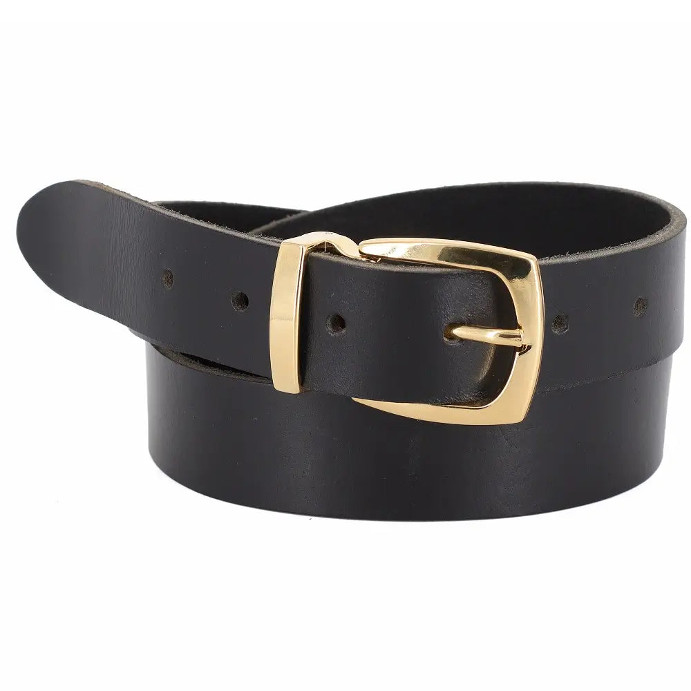 Front view of Black leather belt with a gold buckle on a white background