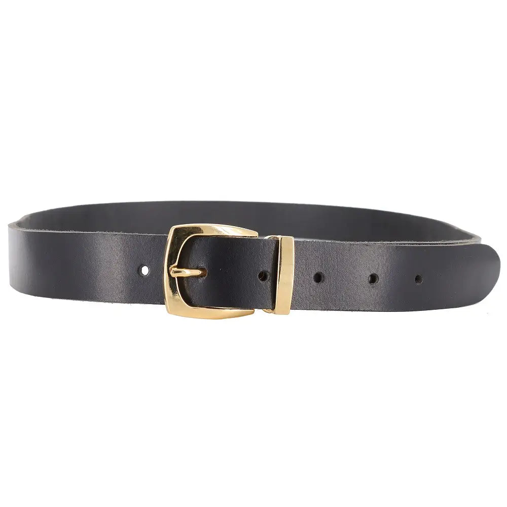 Full width of Black leather belt with a gold buckle on a white background