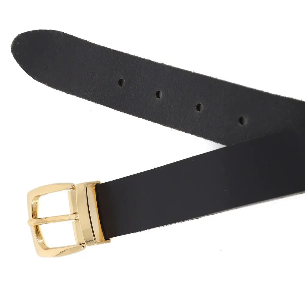 Top angle of Black belt with a gold buckle on a white background