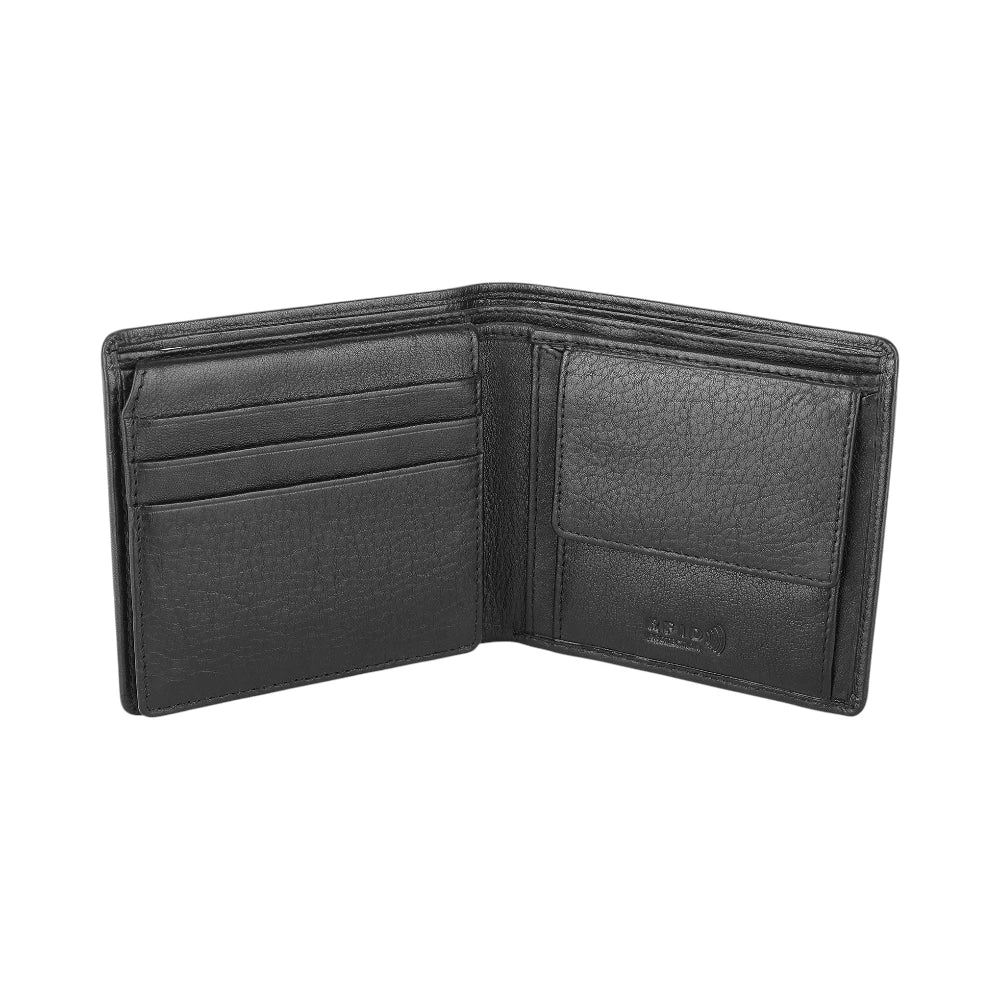 Open view of Black leather wallet on a white background