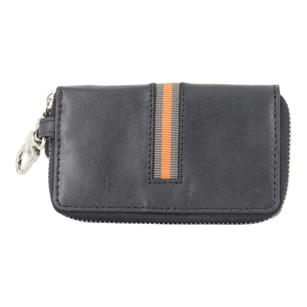 Black leather key case with a striped accent on a white background
