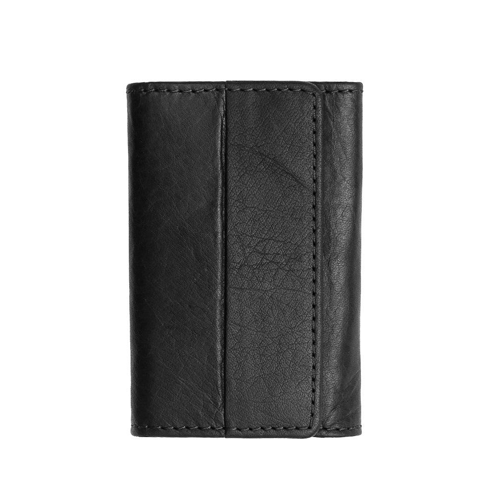 Front view of Black leather key chain on a white background