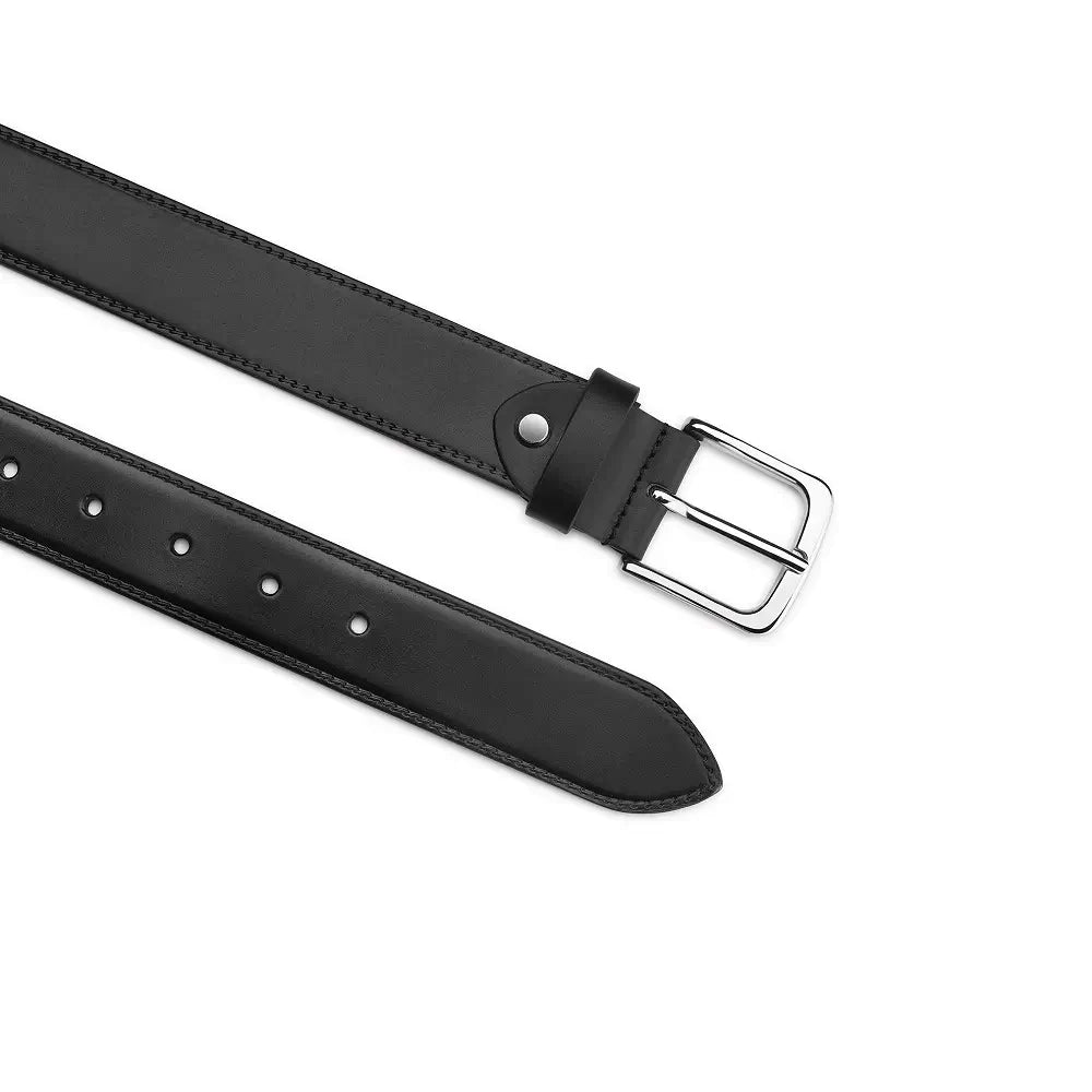 Top angle of Black leather belt with silver buckle on a white background