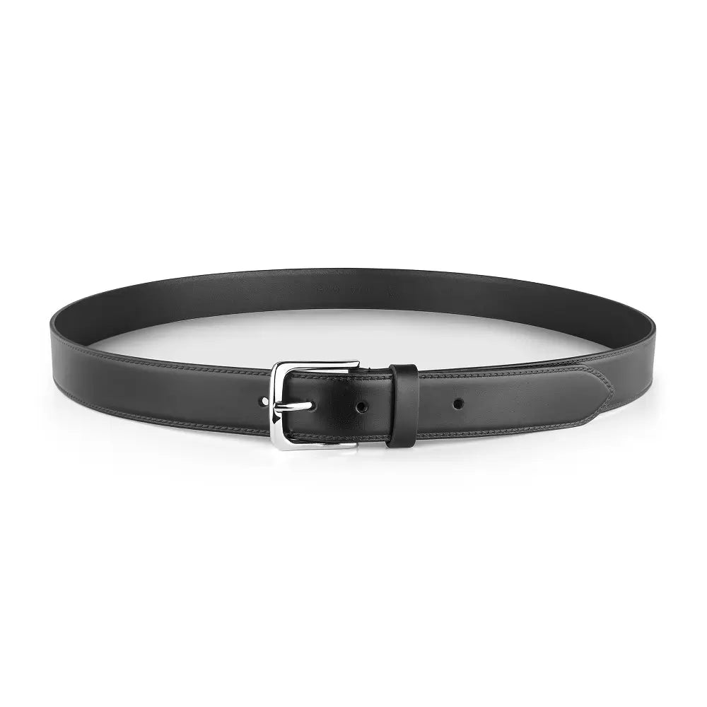 Black belt with a silver buckle on a white background