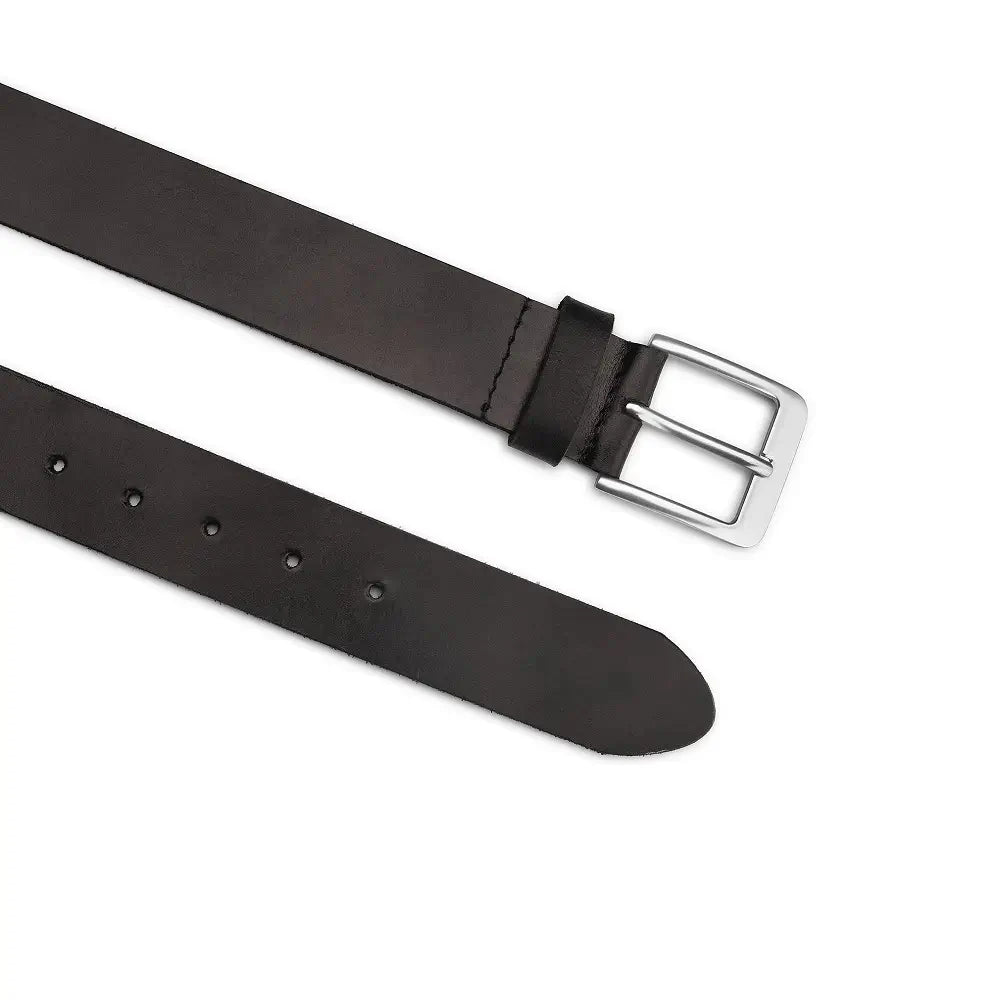 Top angle view of  view of Black leather belt with a silver buckle on a white background
