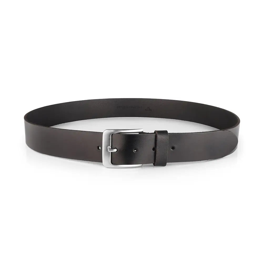 Full width view of Black leather belt with a silver buckle on a white background
