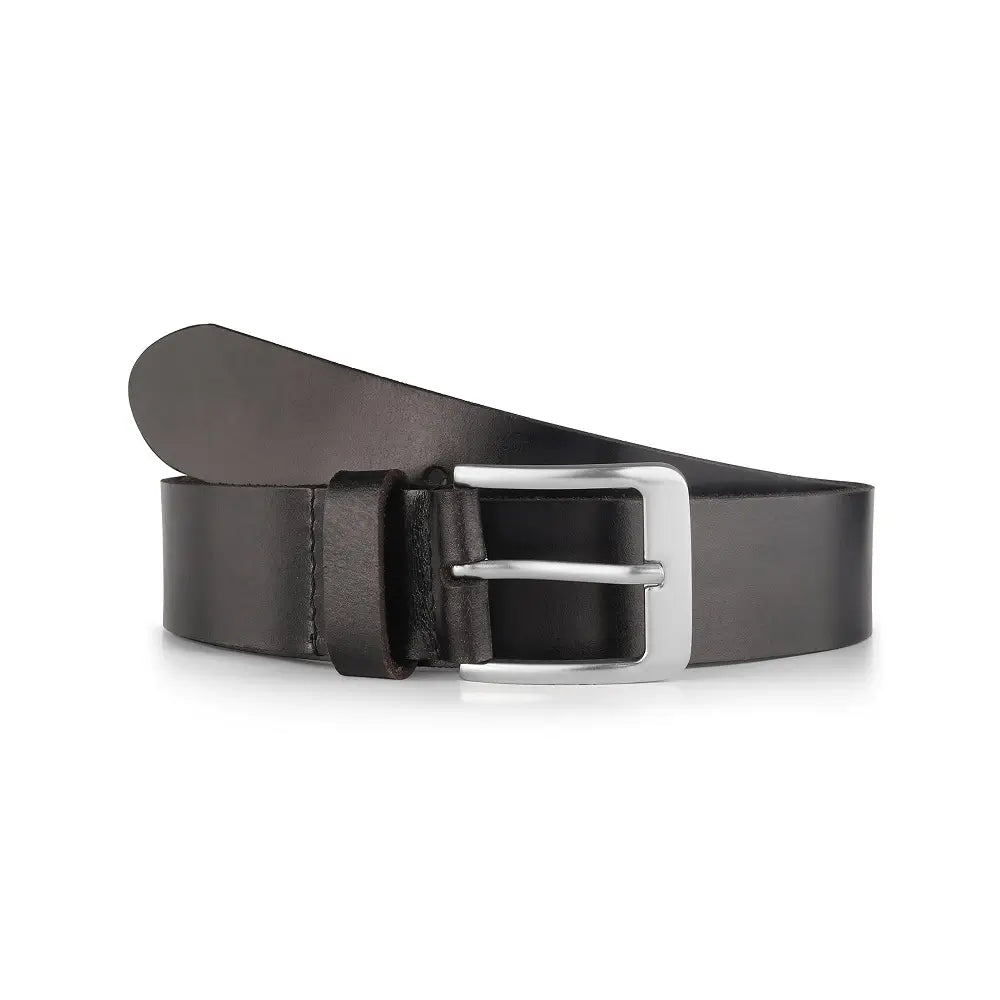 Front view of Black leather belt with a silver buckle on a white background