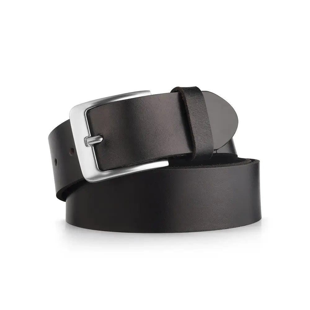 Black leather belt with a silver buckle on a white background