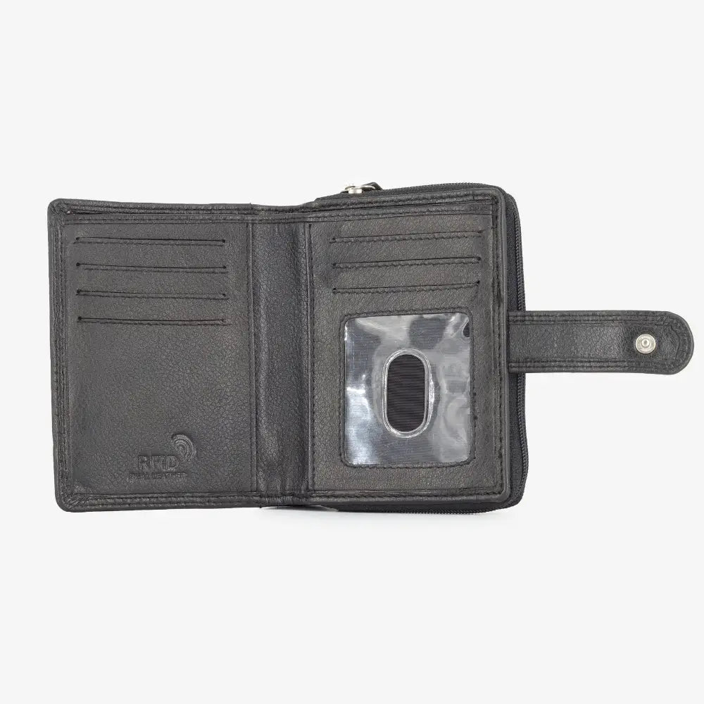 Black leather wallet with card slots on a white background