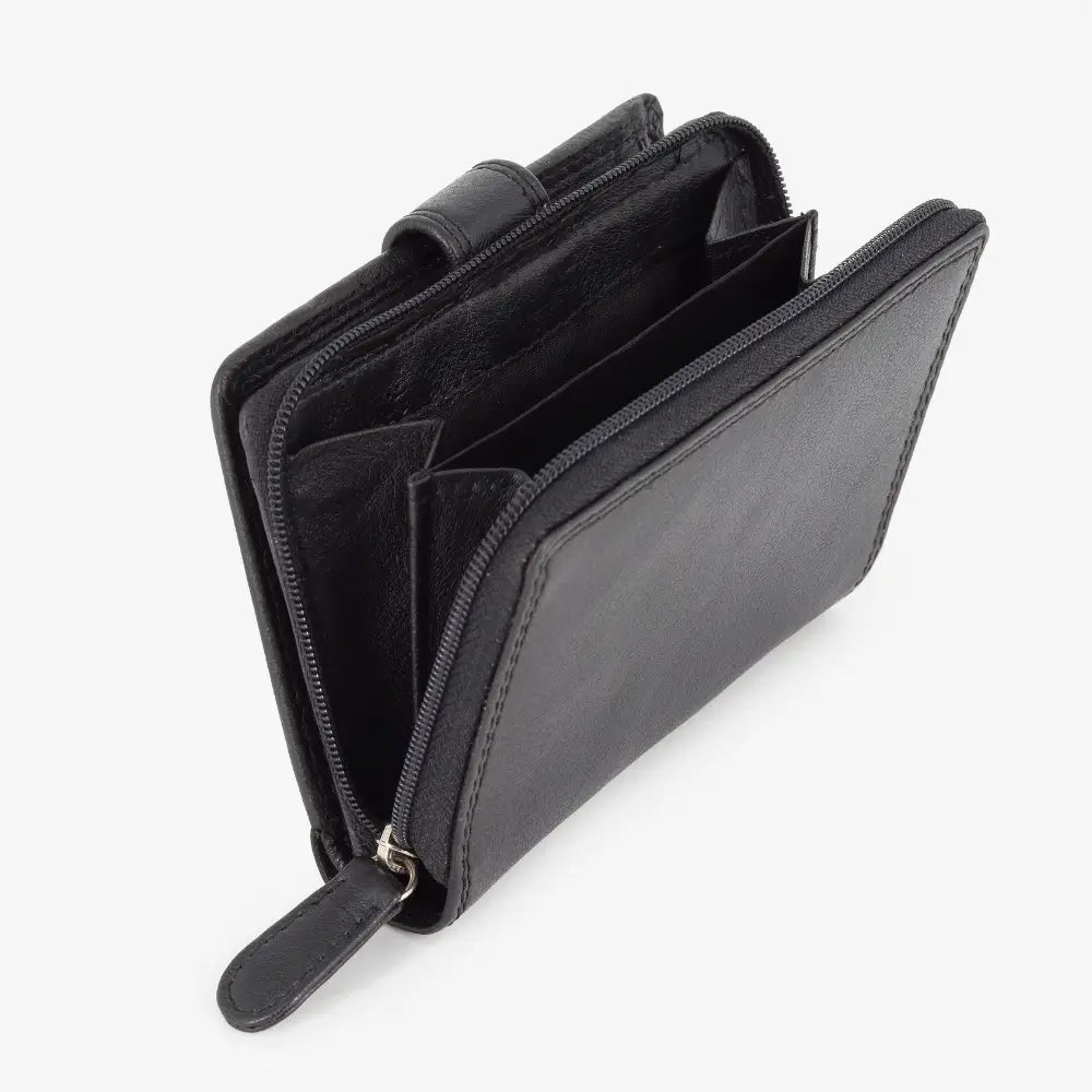 Black leather wallet open on a white background