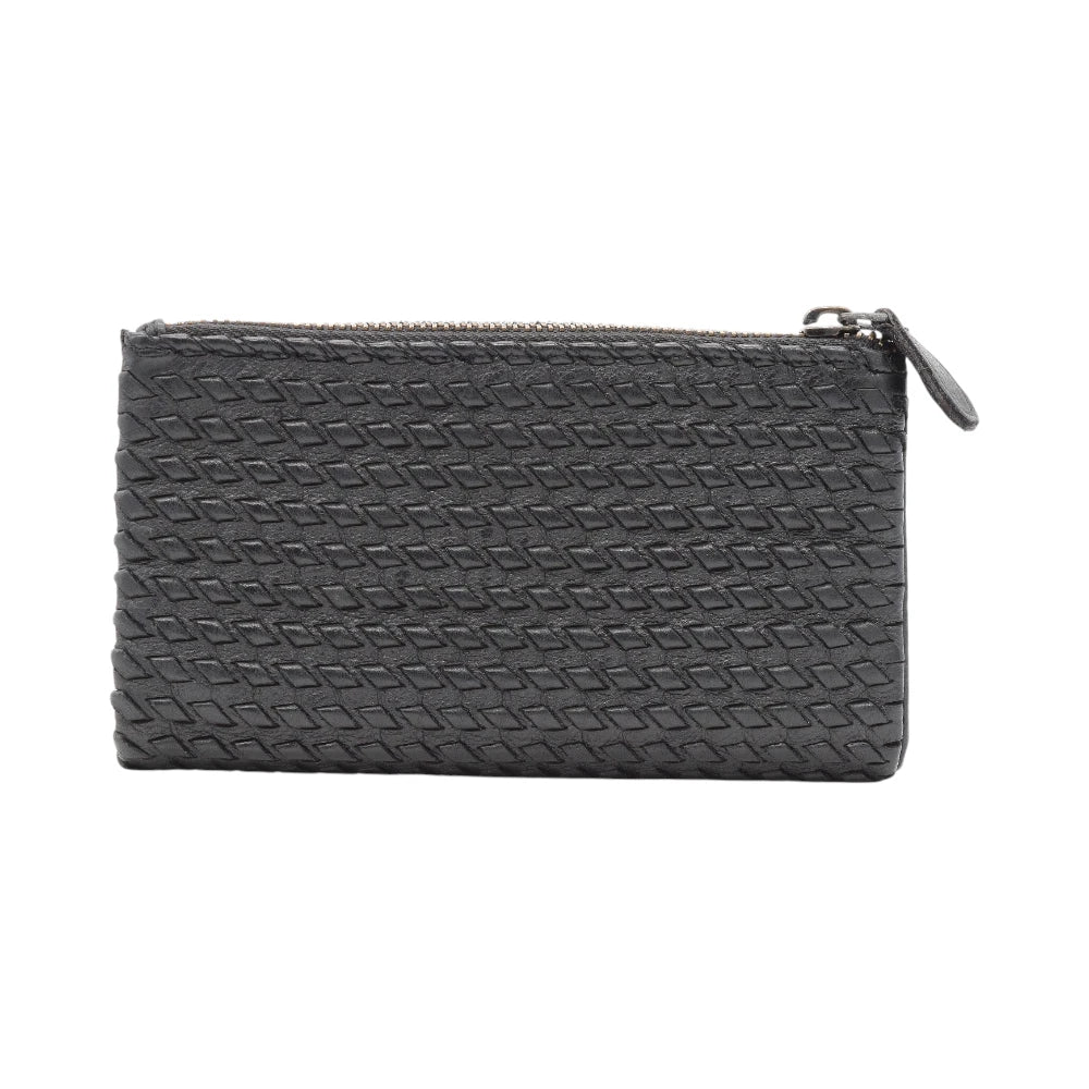 Front view of Black leather bifold purse with a zipper on a white background