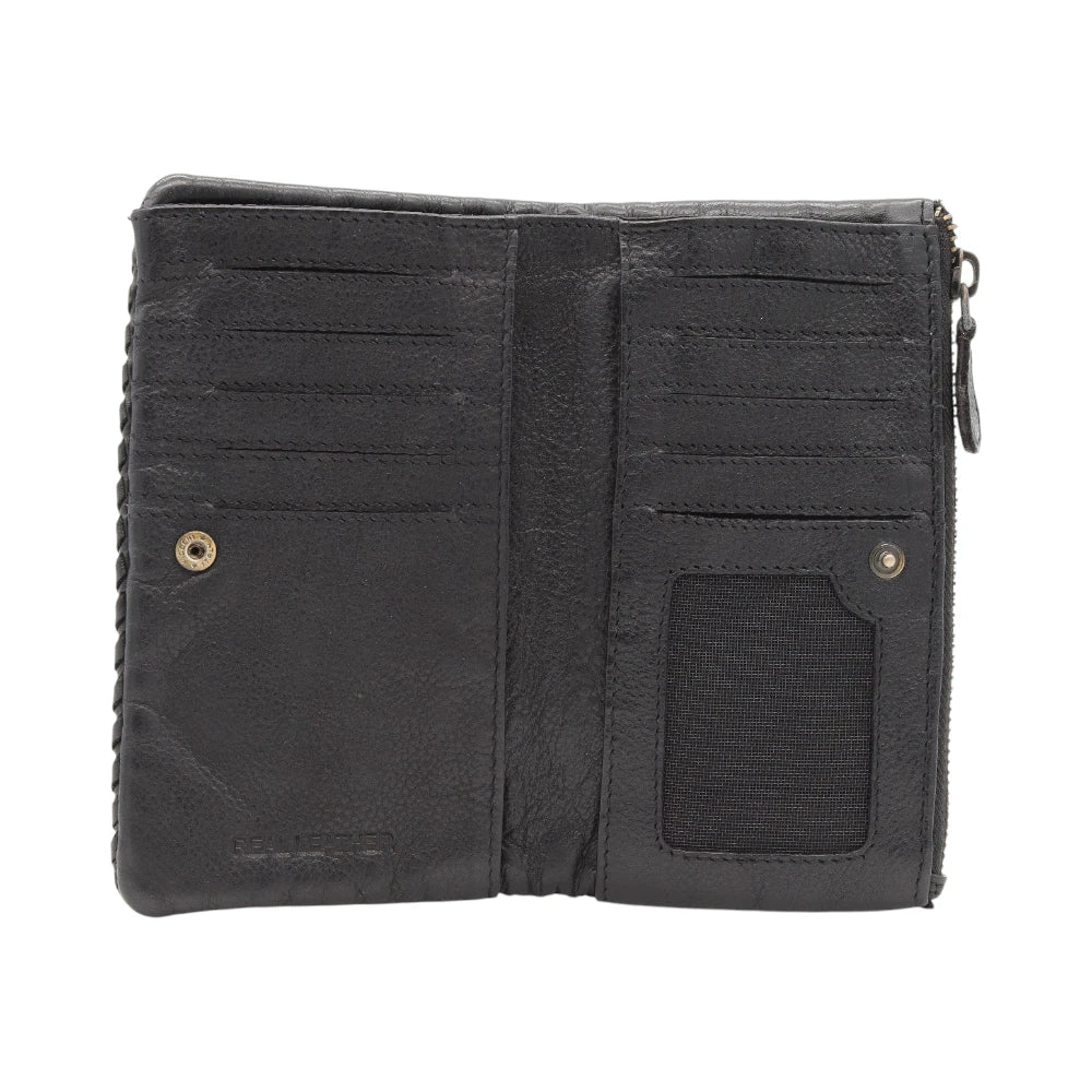 Black leather purse with multiple card slots and a pocket on a white background