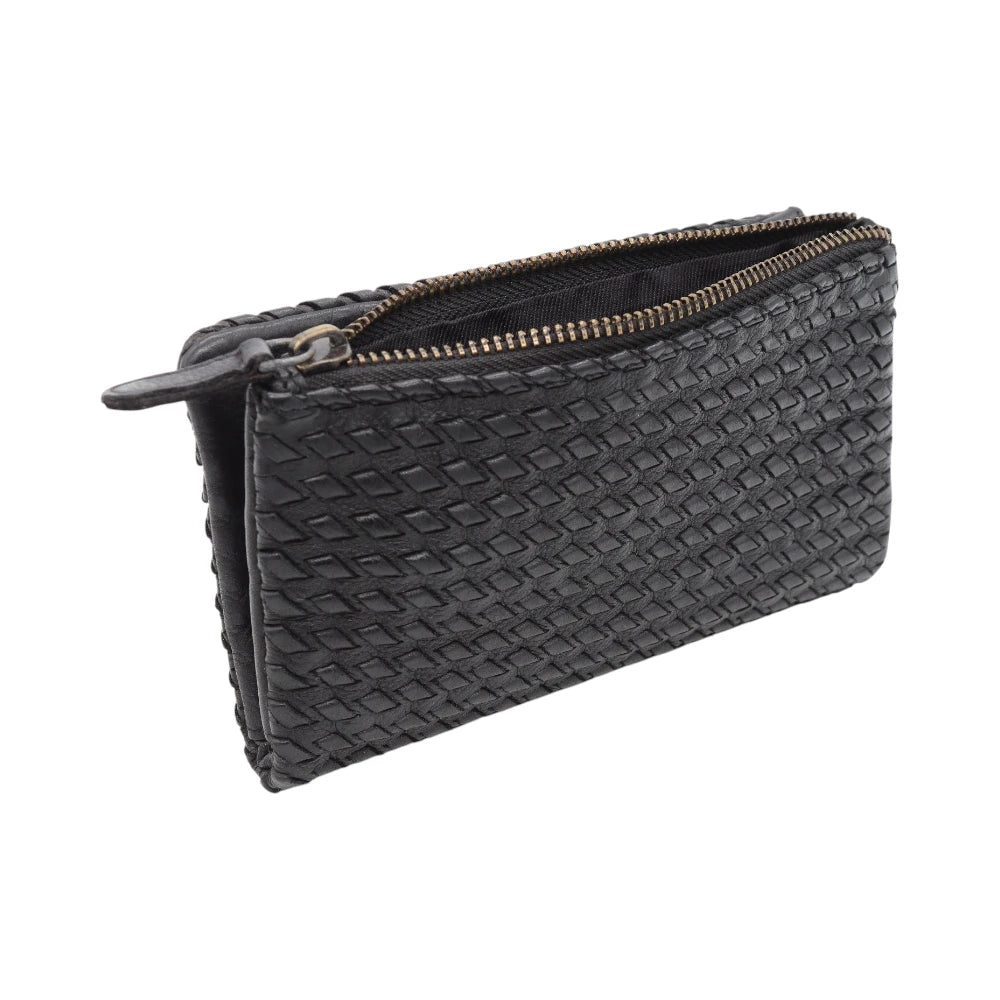 Black leather purse with a zipper on a white background