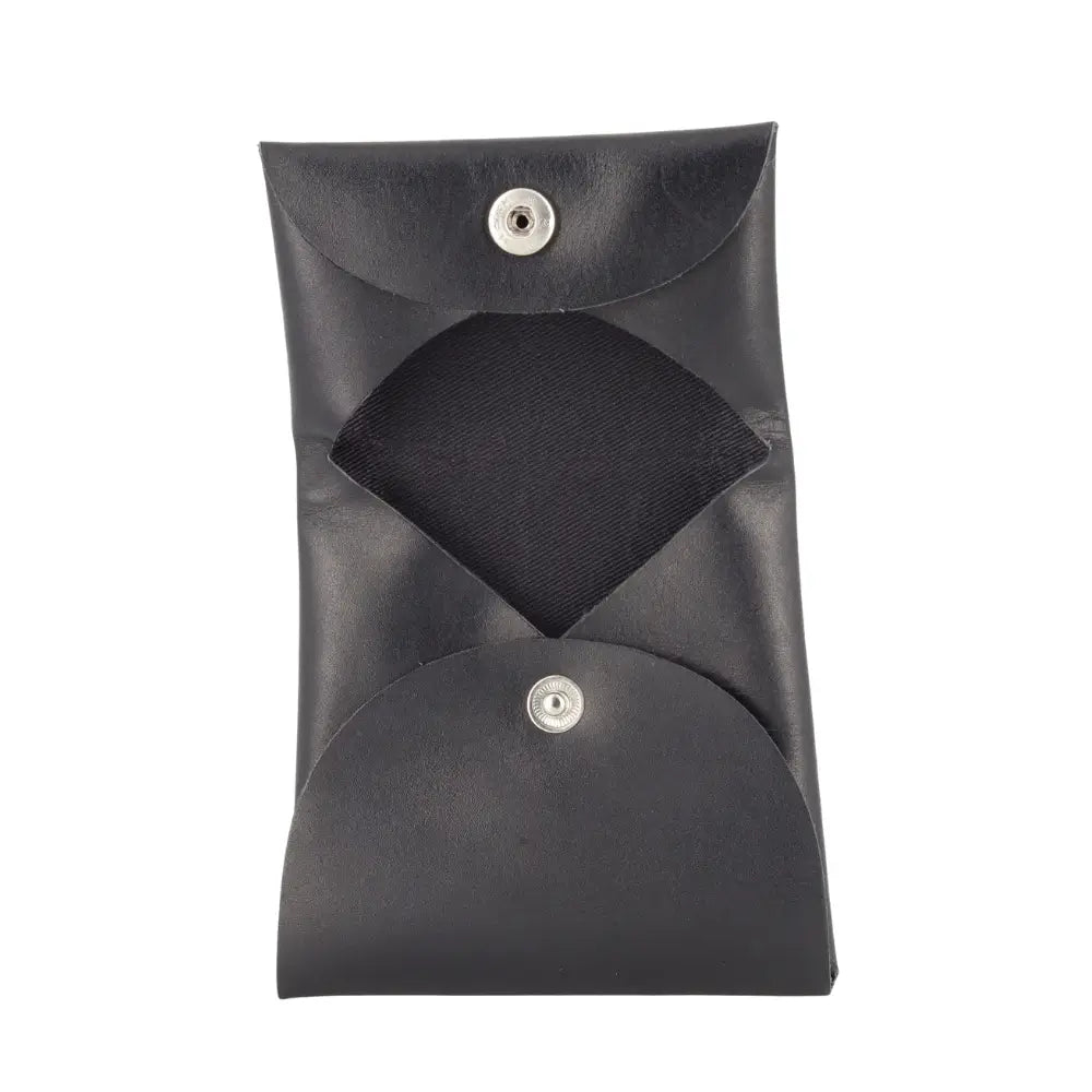 Front view of Black leather clutch bag on a white background